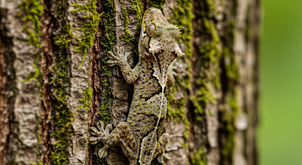 Obraz premium A Mossy Leaf-Tailed Gecko Blending with a Tree.