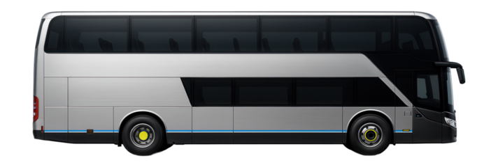 Bilevel coach with tinted upper deck windows and a streamlined front fascia