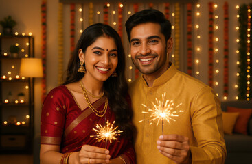 Joyful indian couple celebrating diwali with sparklers and traditional attire