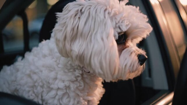 melancholy maltipoo canine companion sits patiently anticipating its human upon the vehicle's passenger chair