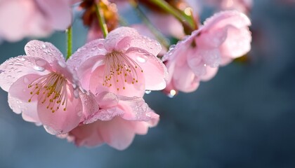 close up shot of delicate pink cherry blossom flowers glistening with water droplets the blossoms are in full bloom showcasing their intricate petals and vibrant colors