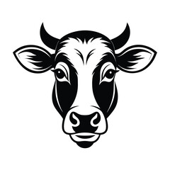 Vector art of black and white illustration of a cows head with horns and large eyes