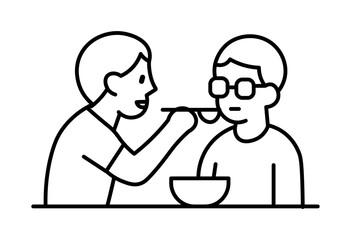 Caregiver Assisting Senior with Meal, Minimal Line Illustration of Feeding Support, Symbol for Elderly Care, Nursing, Healthcare, Assisted Living, and Welfare Services