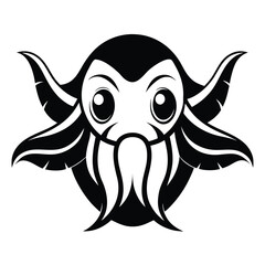 Vector art of stylized black and white illustration of a cartoonish octopus with large eyes and tentacles