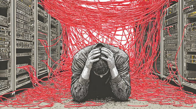 specialist surrounded by flashing red code and collapsing network diagrams