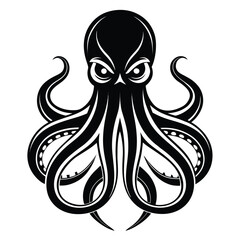 Vector art of intense black and white vector art of a powerful octopus with piercing eyes and dynamic tentacles
