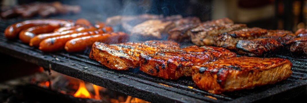 Argentine Bar-B-Q: Asado Chorizo Sausages and Meat Cooking on Parilla Grill at Street Food Market