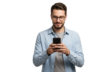 Young caucasian man with dark hair, beard, glasses, in casual wear, holding black smartphone, smiling on transparent studio background. Concept of modern digital connectivity