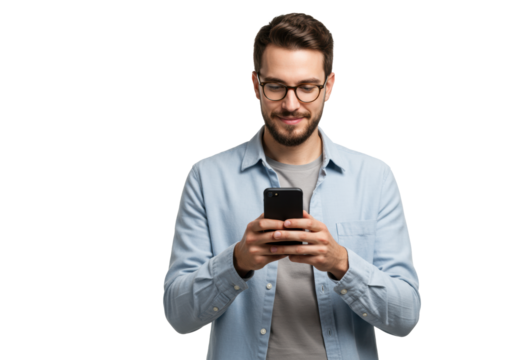Young caucasian man with dark hair, beard, glasses, in casual wear, holding black smartphone, smiling on transparent studio background. Concept of modern digital connectivity