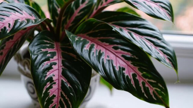Close-Up View of Fresh Pink Princess Philodendron Plant in Container