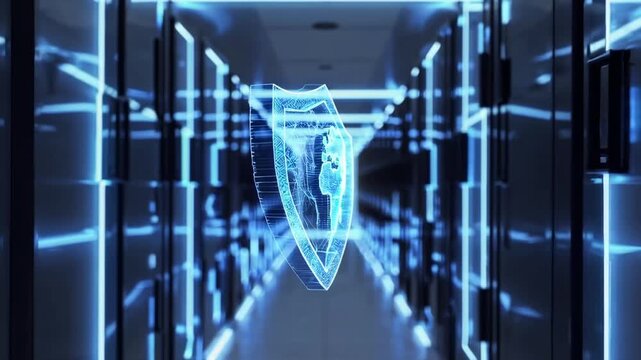 symbol of digital safeguarding on backdrop of room housing computer systems. Data Safety for the year 2026