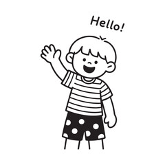 A black and white line art illustration of a cheerful young child waving hello with a bright silhouette vector Design. 