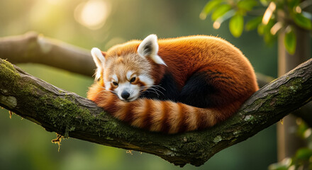 A Red Panda Resting on a Tree Branch.