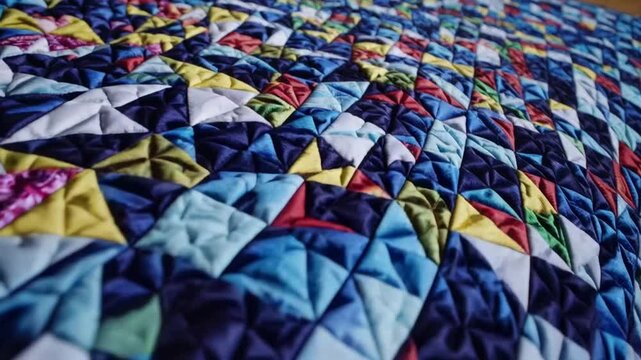 Textile Art Background Pattern: High-Resolution Close-Up View of Multi-Colored Quilt Composed of One-Inch Square Fabric Pieces