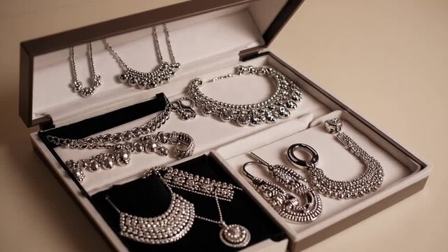 Jewelry box filled with various different accessories displayed on beige background from above