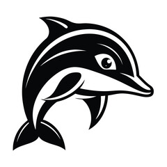 Vector art of a stylized black and white illustration of a dolphin leaping out of the water
