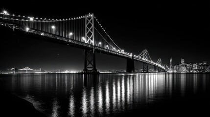 Fototapeta premium Black And White San Francisco. Night View of Bay Bridge Over Water in Frisco