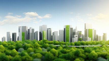 Obraz premium Green city skyline, nature reclaiming urban space, environmental hope 