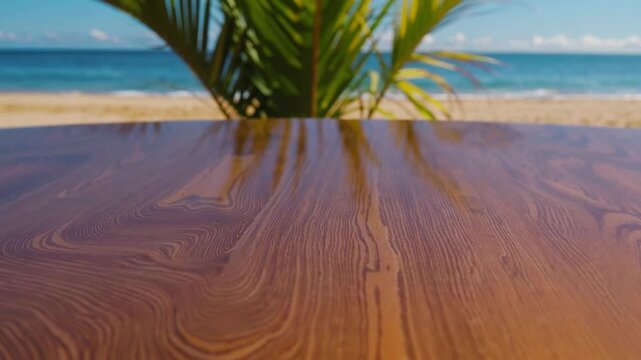 The upper surface of bare wooden table is shown with scenic view of shoreline and the atmosphere beyond