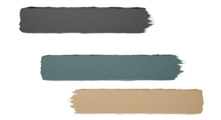 Three abstract, horizontal textured brushstrokes in charcoal grey, muted teal, and warm beige on a transparent background, wide-angle flat lay view. Clean design concept for corporate communication