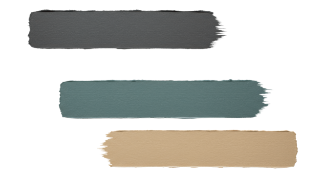 Three abstract, horizontal textured brushstrokes in charcoal grey, muted teal, and warm beige on a transparent background, wide-angle flat lay view. Clean design concept for corporate communication