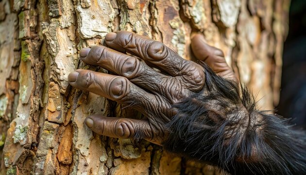 Close-Up of a Chimpanzee's Hand on a Tree Trunk in the Wild