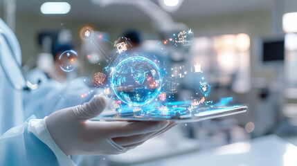 Medical professional wearing sterile gloves navigating digital tablet, displaying interconnected healthcare network and diagnostic icons within high-tech operating room environment