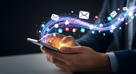 Businessman using smartphone with digital communication icons