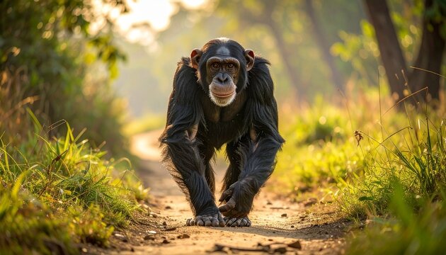 Majestic chimpanzee walking confidently on a sun-drenched forest path, embodying wild grace