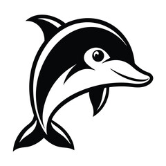 Vector art of charming black and white graphic of a smiling dolphin leaping