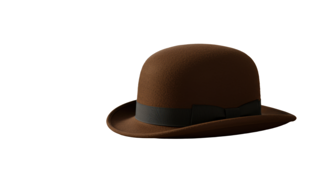 A rich brown felt bowler hat with a black ribbon band, meticulously positioned on a light wood executive desk, with blurred modern office items, concept of strategic leadership and wisdom