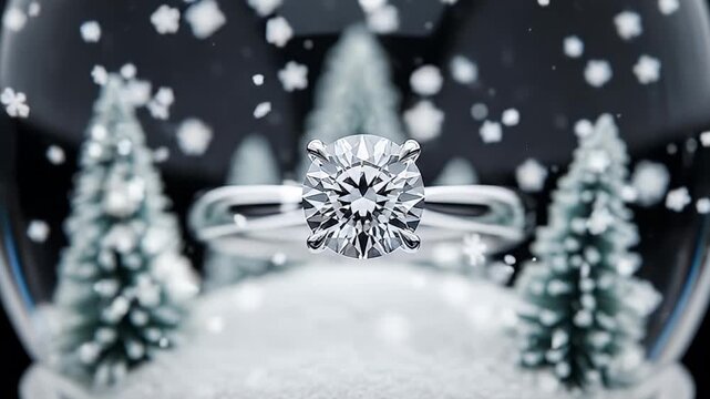 A diamond ring sits inside a snow globe with snowy pines and falling snow