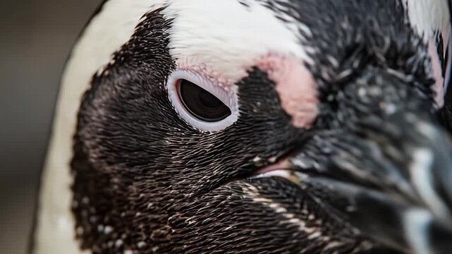 Extreme close-up of a penguin's eye and head feathers in monochrome tones, sharp focus