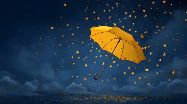 Yellow umbrella catching falling gold stars in a deep blue night sky, whimsical surreal concept --ar 16:9