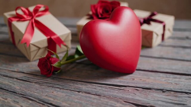 Valentine's Day Arrangement with Rosa Flower Crimson Cardiac Organ and Present Containers on Surface Maternal Figure Day and Natal Day Salutation Copy Area Top Down Perspective