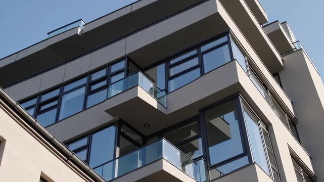 The exterior front view of contemporary multi-unit residential structure featuring glass openings and exterior platforms