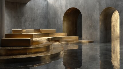 Golden stage platform reflecting in water inside a concrete building with arches, creating a luxurious and modern atmosphere
