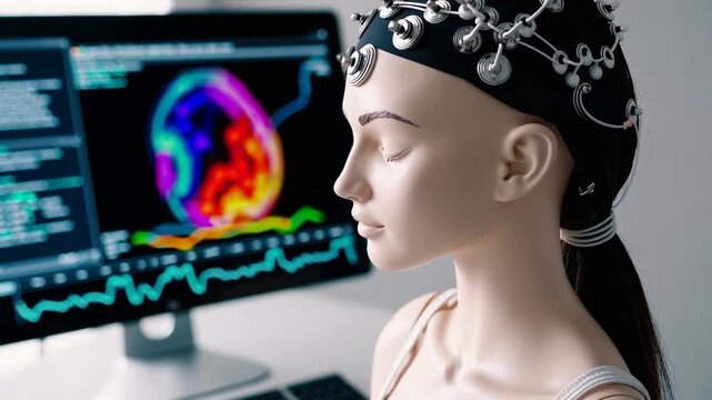 realistic mannequin of woman fitted with electroencephalography cap, displaying brainwave activity on monitor