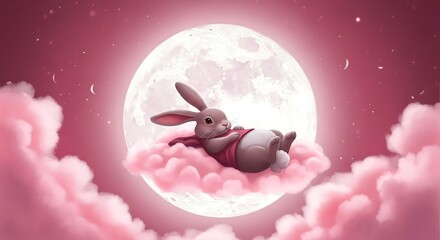 Cute bunny sleeping on a cloud near a full moon