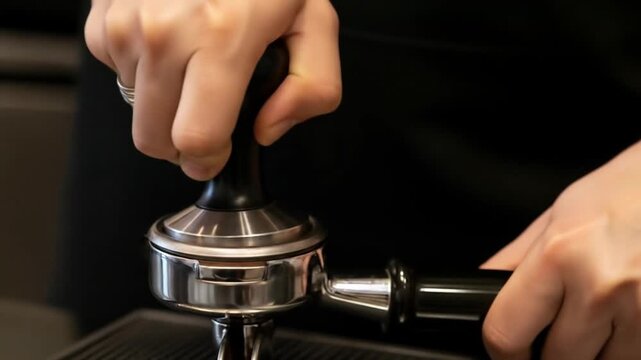 A barista tamps espresso grounds with precision in a cafe setting.