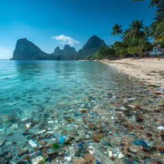 Beautiful tropical beach showing clear waters and plastic pollution, highlighting environmental issues in paradise locations during sunny daytime