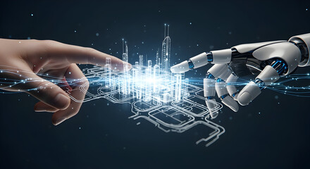 Ai, Robot and human hand creating a virtual city hologram