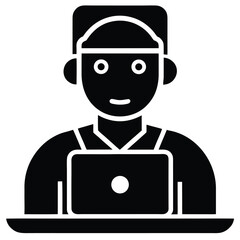 Vector art of a person wearing headphones and working on a laptop, symbolizing remote work, online learning, or digital communication in a modern setting