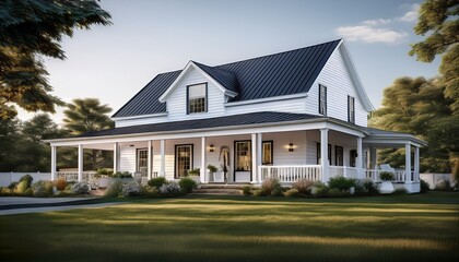 classic white farmhouse with wrap around porch and black metal roof created with generative ai