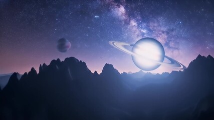 A ringed planet rises over dark, silhouetted mountains under a starry, violet-hued sky - Powered by Adobe