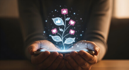 Growing a Social Media Presence: Glowing Plant of Social Icons on Phone