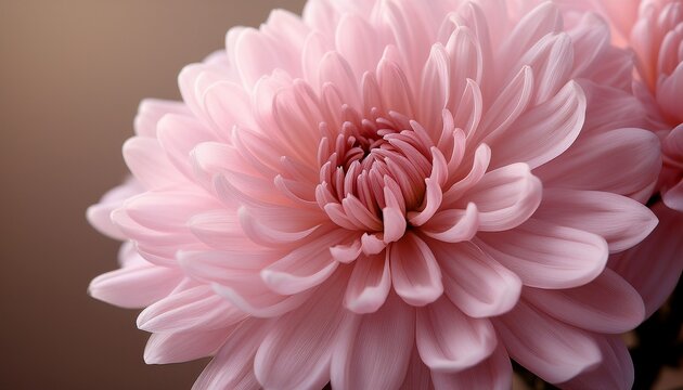 close up of a pink chrysanthemum flower with detailed petals against a soft blurred brown background