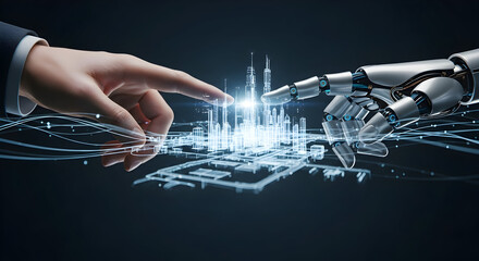 A businessman's hand and a robotic hand connect, creating a holographic smart city, symbolizing human-AI collaboration and future innovation