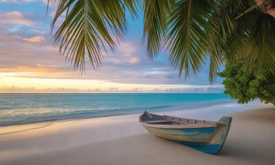 Obraz premium Tropical beach at sunset, small boat on the sand. Palm trees frame the scene