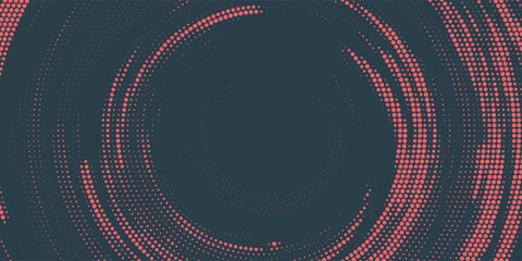 Circular Halftone Pattern Concentric Circles Frame Vector Red Black Colour Abstract Background. Mod Minimalist Art Half Tone Graphics Rippled Structure. Retro Futurism Technology Art Illustration